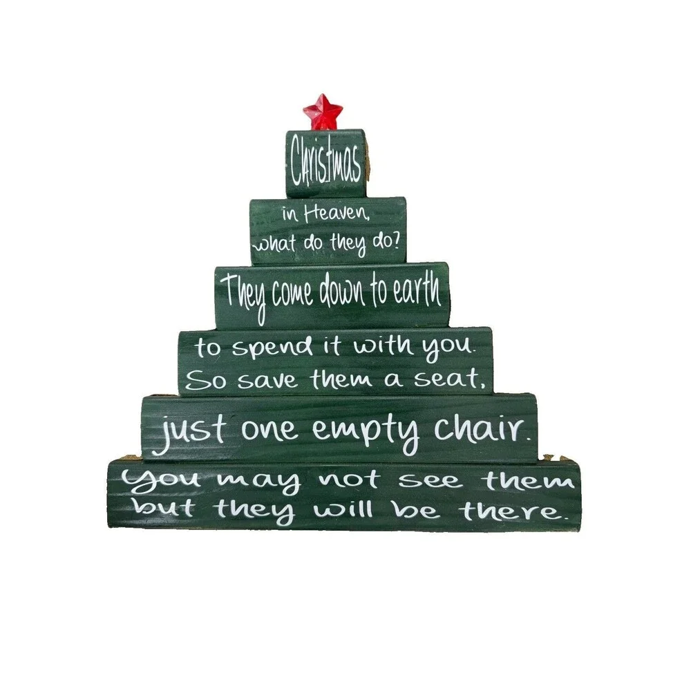 Christmas in Heaven Memorial Wooden Tree Sign Empty Chair Holiday Decor 11”